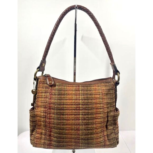 Fossil Ombre Shoulder Bag Orange Brown Red Fabric & Leather Handbag Small - Picture 1 of 6